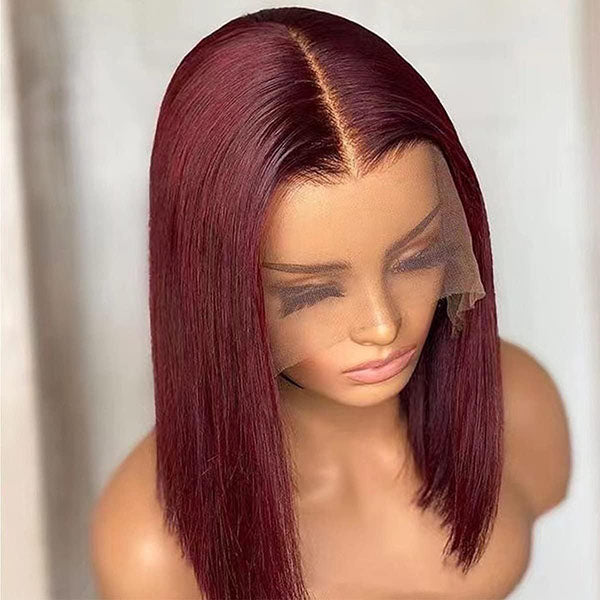 Burgundy Lace Front Bob Wig - 13x4 Pre-Plucked Short Brazilian Hair with 150% Density, Glueless Virgin Hair Wig for Black Women