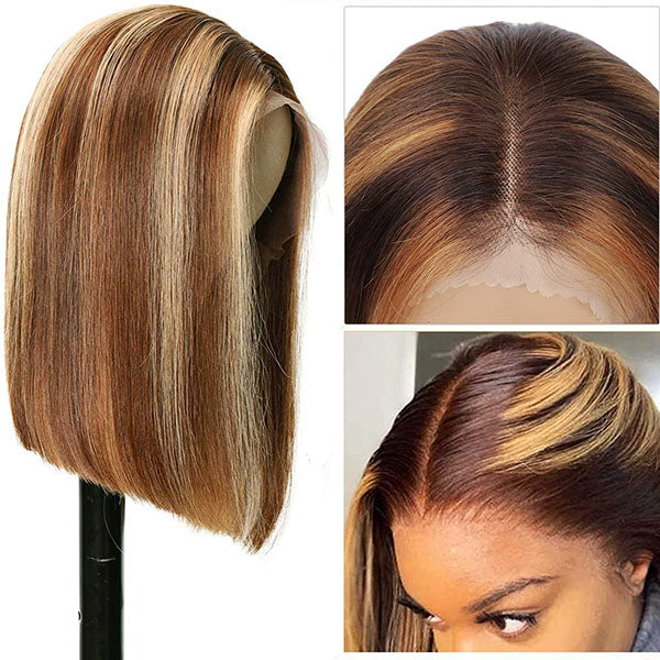 Brown Highlighted Lace Front Short Bob Wig for Black Women - Pre-Plucked, Thick Ends, 13x4 Lace Front with Natural Hairline