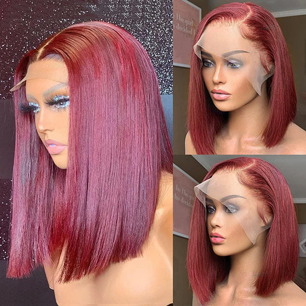 Burgundy Lace Front Bob Wig - 13x4 Pre-Plucked Short Brazilian Hair with 150% Density, Glueless Virgin Hair Wig for Black Women