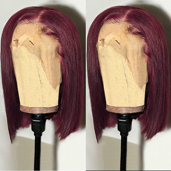 Burgundy Lace Front Bob Wig - 13x4 Pre-Plucked Short Brazilian Hair with 150% Density, Glueless Virgin Hair Wig for Black Women