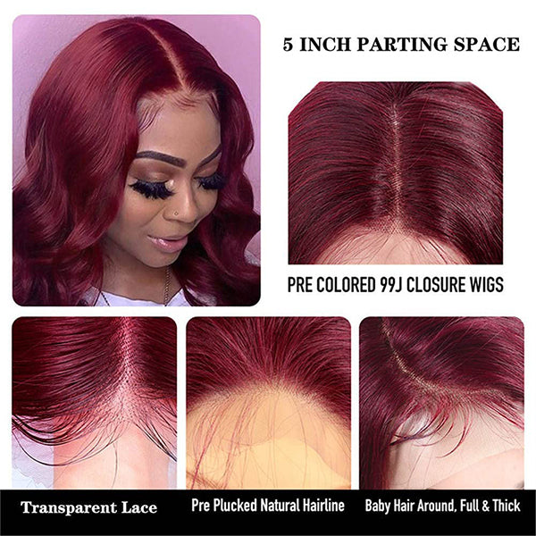 Burgundy Human Hair Wig with 5x5 Lace Closure and 150 Density