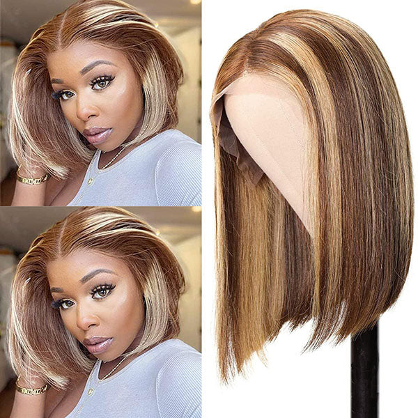 Brown Highlighted Lace Front Short Bob Wig for Black Women - Pre-Plucked, Thick Ends, 13x4 Lace Front with Natural Hairline