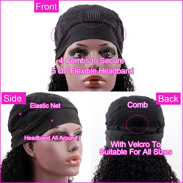 Human Hair Curly Headband Wigs - Machine Made, Non-Lace Wig